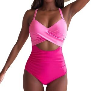NWT Pink  One Piece Swimsuits Tummy Control Cutout High Waisted Bathing Suit S